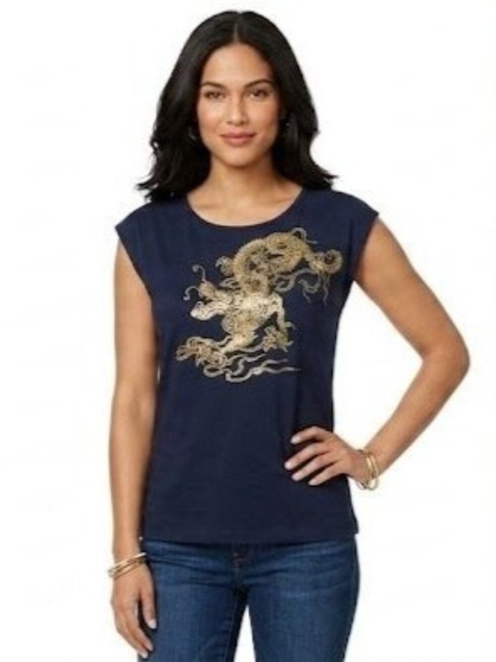Lauren Ralph Lauren Dragon Graphic Tee XL Navy Gold Embroidered Cotton Shirt